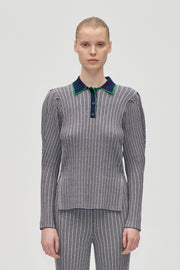 Stine Goya Long Sleeve Knit Polo Knit Soft Striped Rib