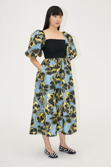Stine Goya 3/4 Sleeve Combo Bodice Midi Dress Dress Blue Anemone Jacquard
