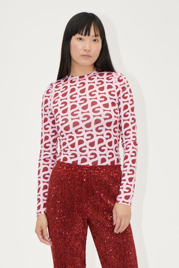 Stine Goya Elastic Long Sleeve Top Top SG Logo Burgundy Pink
