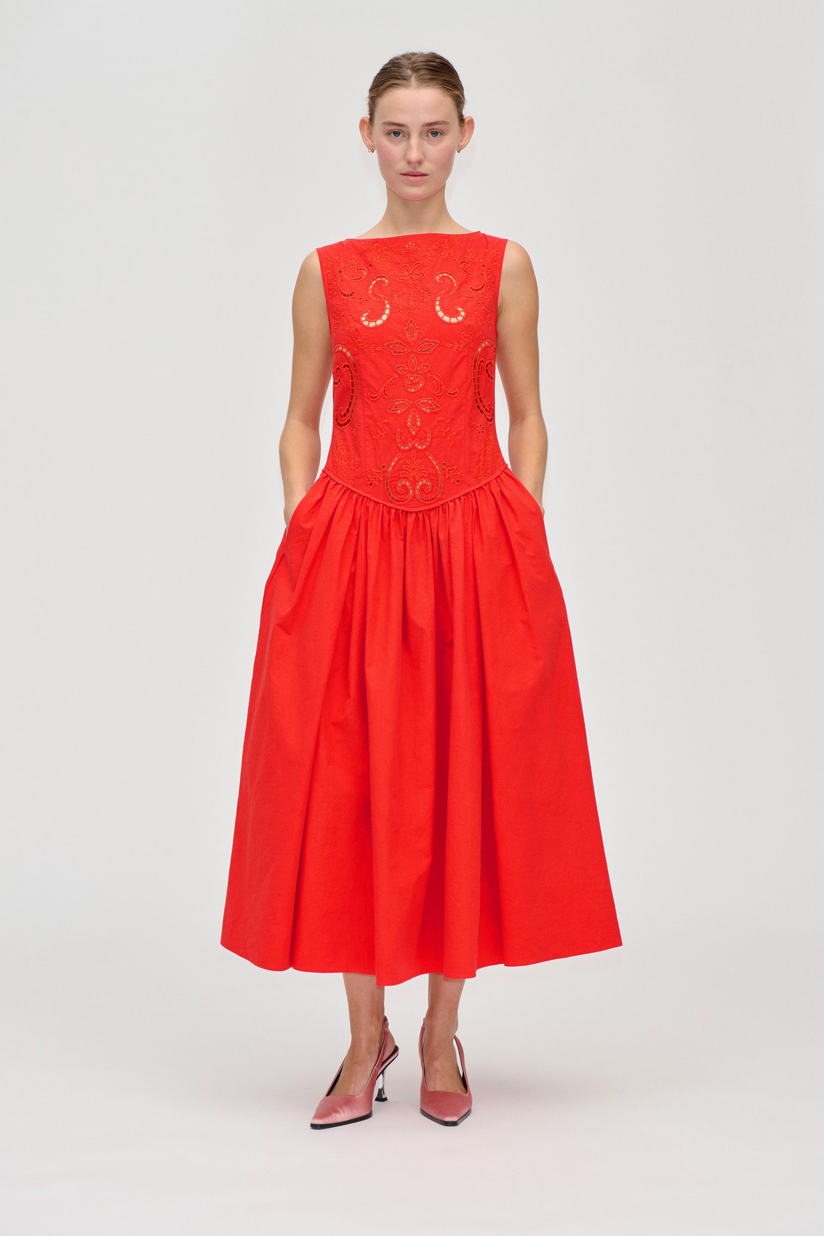 Embroidered Midi Dress - Fiery Red