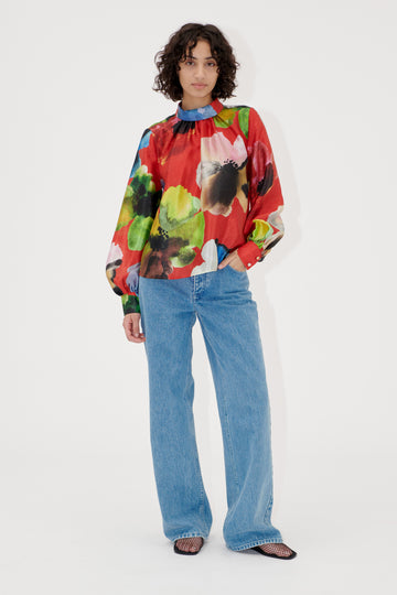 Stine Goya Gathered Long Sleeve Top Top Bloom In Red