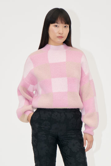 Stine Goya Gingham Check Sweater Knit Pink Gingham Check