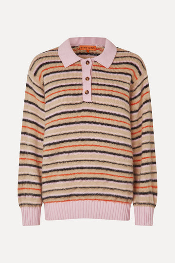 Stine Goya Long Sleeve Knit Polo Knit Alpaca Cream Stripes