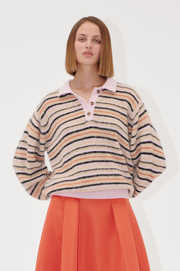 Stine Goya Long Sleeve Knit Polo Knit Alpaca Cream Stripes