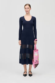Stine Goya Scoopneck Fitted Long Sleeve Dress Knit Navy
