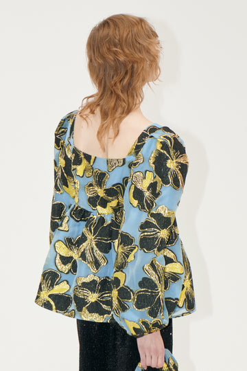 Stine Goya Square Neck Long Sleeve Top Top Blue Anemone Jacquard