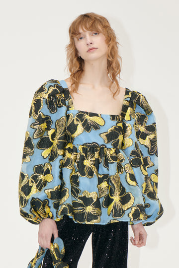 Stine Goya Square Neck Long Sleeve Top Top Blue Anemone Jacquard