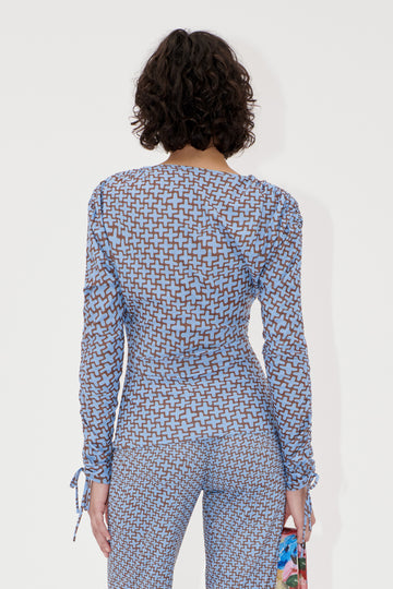 Stine Goya Wrap Front Gathered Sleeve Top Top Graphic Weave