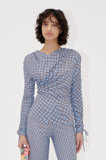 Stine Goya Wrap Front Gathered Sleeve Top Top Graphic Weave
